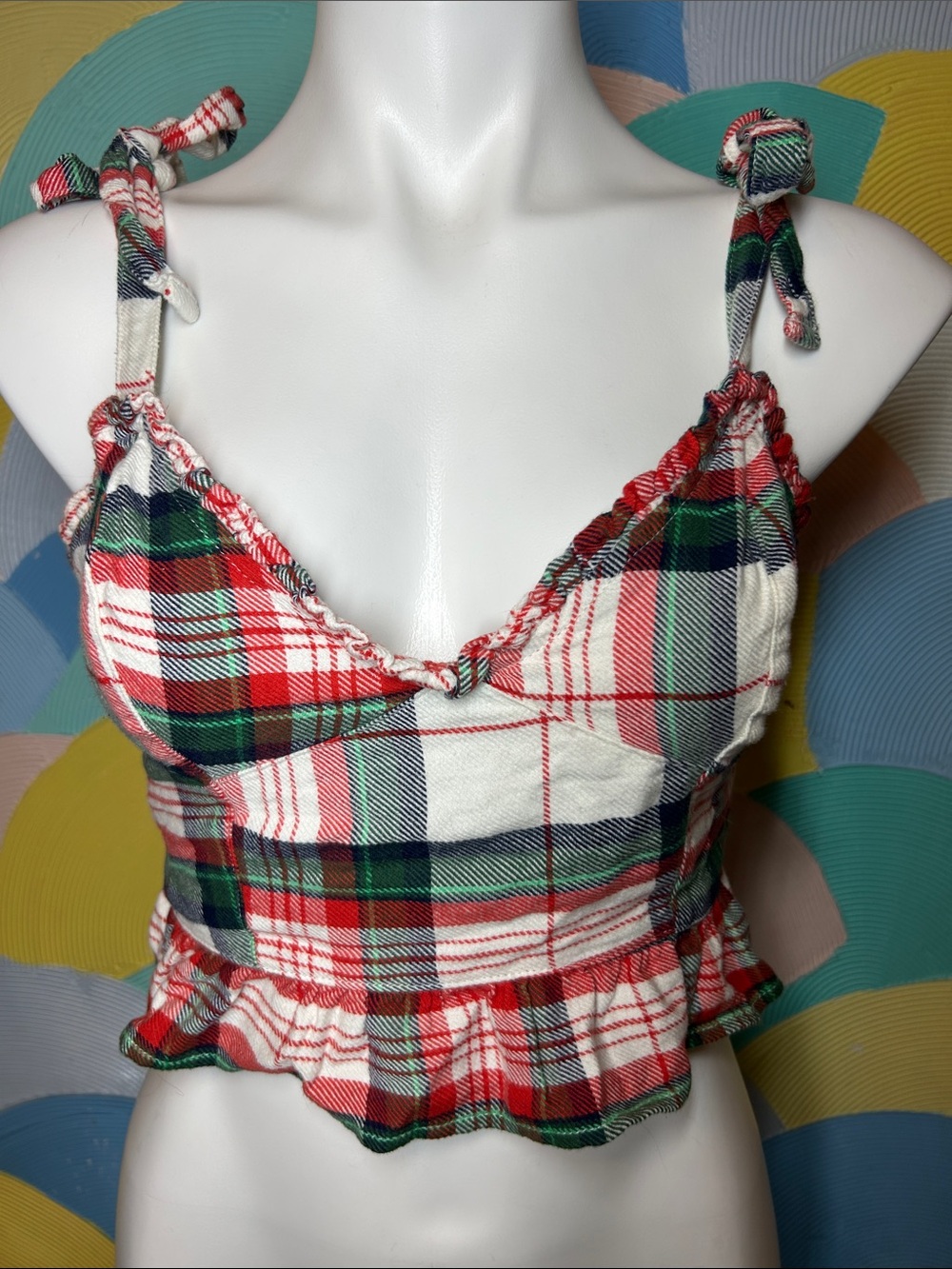 Aerie Plaid Tie-Shoulder Ruffle Crop Top - Red Green s M